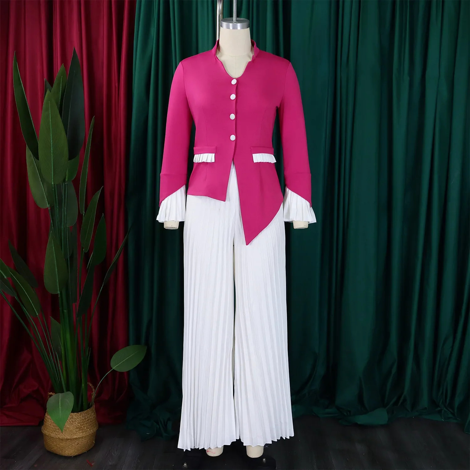 CMYAYA Womens Set Full Flare Sleeve Button Blazer Shirt Pleated Long Pants Suit Streetwear Two 2 Piece Africa OL Outfits 250530