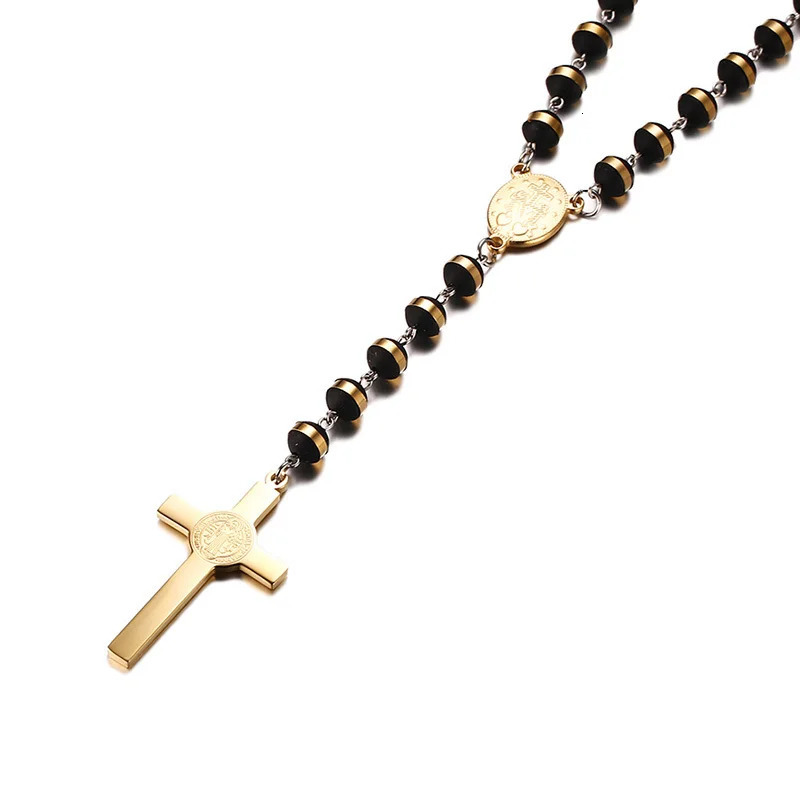 Vnox Black Gold Color Beads Long Rosary Necklace for Women Men Stainless Steel St Benedict Cross Pendant Sweater Chain Unisex 250530