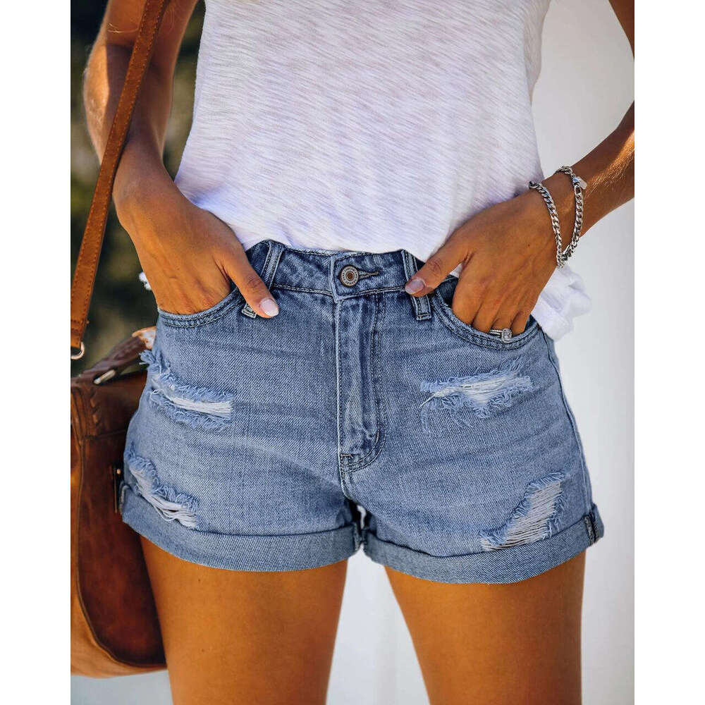 Shorts Women Denim Shorts American Style Women S Elastic Mid Waist Denim Shorts With Rips Jean Shorts