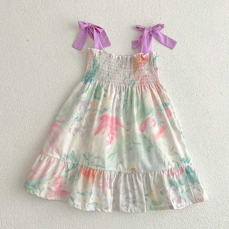 1-6Yrs Toddler Clothing Girls Beach Floral Dress Summer Purple Bow Dress Cozy Baby Cotton Smocked Slip dress Girls Boho Dress R250530