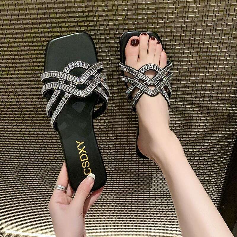 Large Size Women's Shoes, Wide Feet 41-42 Rhinestone Slippers, Women's Outdoor Wear, Summer Fashion, Versatile, Square Headed, Flat Bottomed