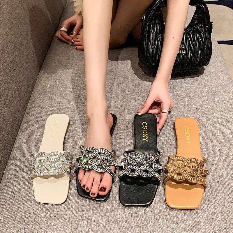 Fashionable Square Rhinestone Cross Trend Slippers For 2025, New Designer Sandals In Large Size, Casual, Wear-resistant, Casual Beach Outdoor Slippers