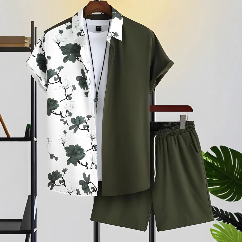 2025 Summer TEMU Short Sleeve Trendy 3D Printed Hawaiian Shirt and Shorts Set for Men 240807
