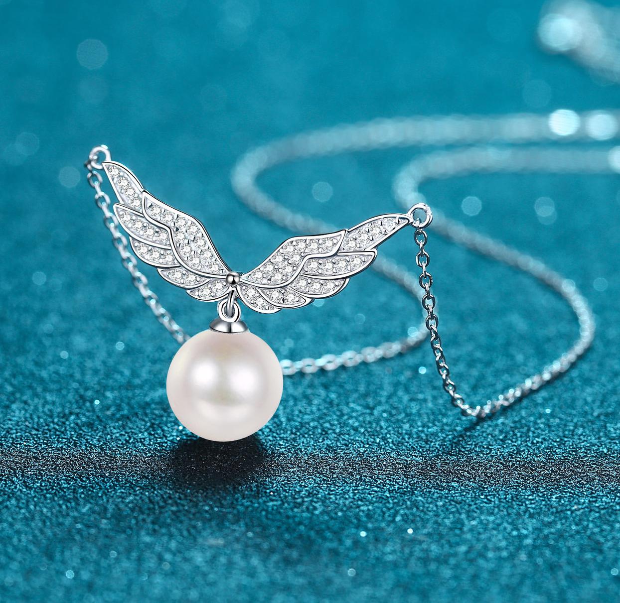 925 Sterling Silver Plated Pt950 Gold Collarbone Necklace Women 10mm Flawless Pearl Angel Wing Moissanite Elegant Luxury