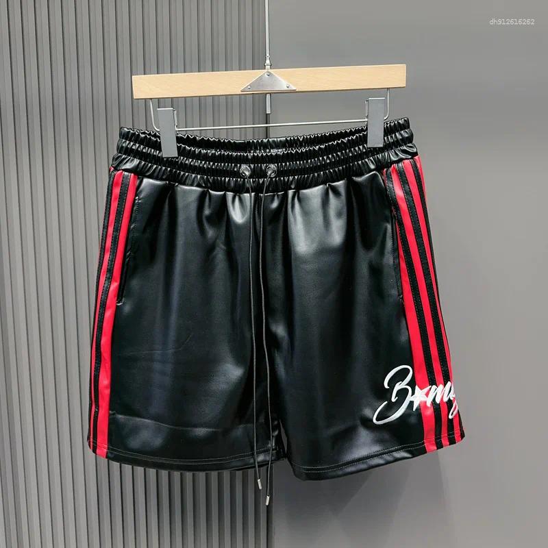 Men's Shorts Leather Black Side Bar Red White Stripe Short Pants Men Women Summer Trend Casual Drawstring Shortpant Breeches