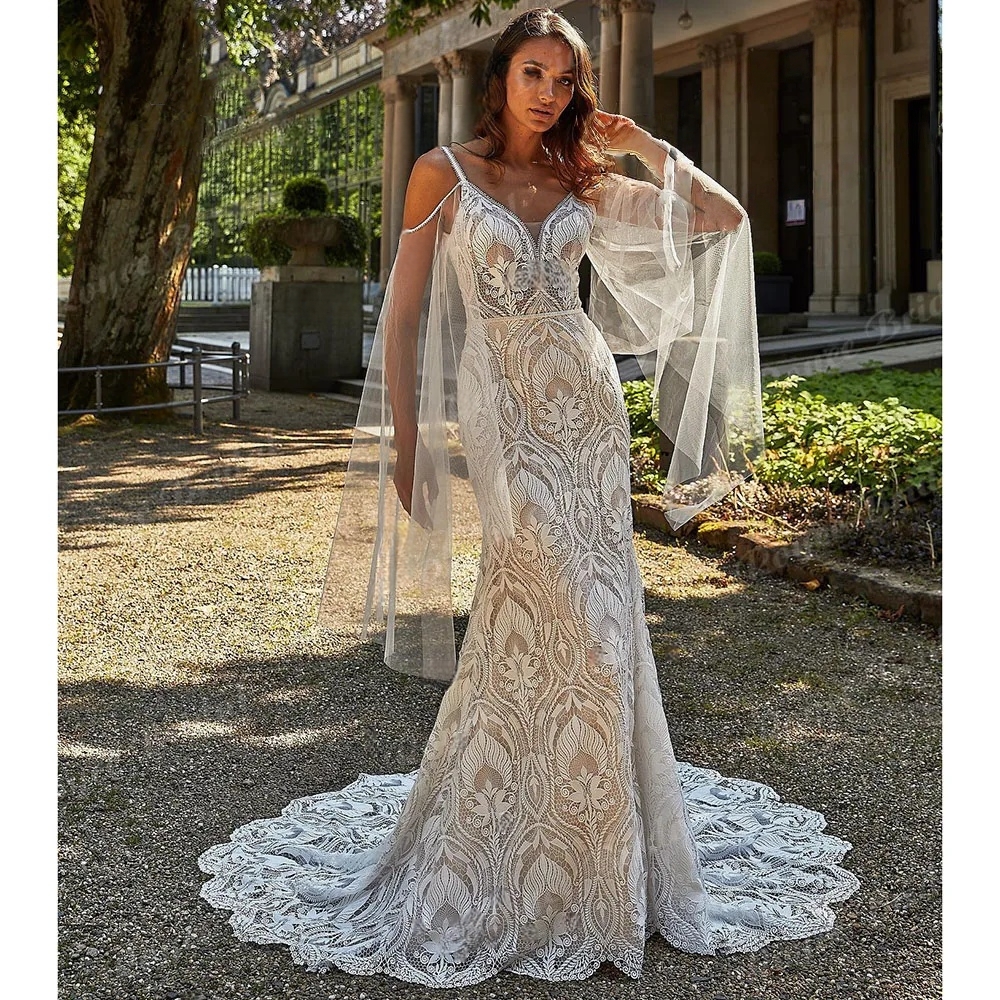 Vintage Lace Mermaid Wedding Dresses Boho Bohemian Bridal Gowns Backless Off Shoulder Spaghetti Straps Beach Vestido De Novia 2025