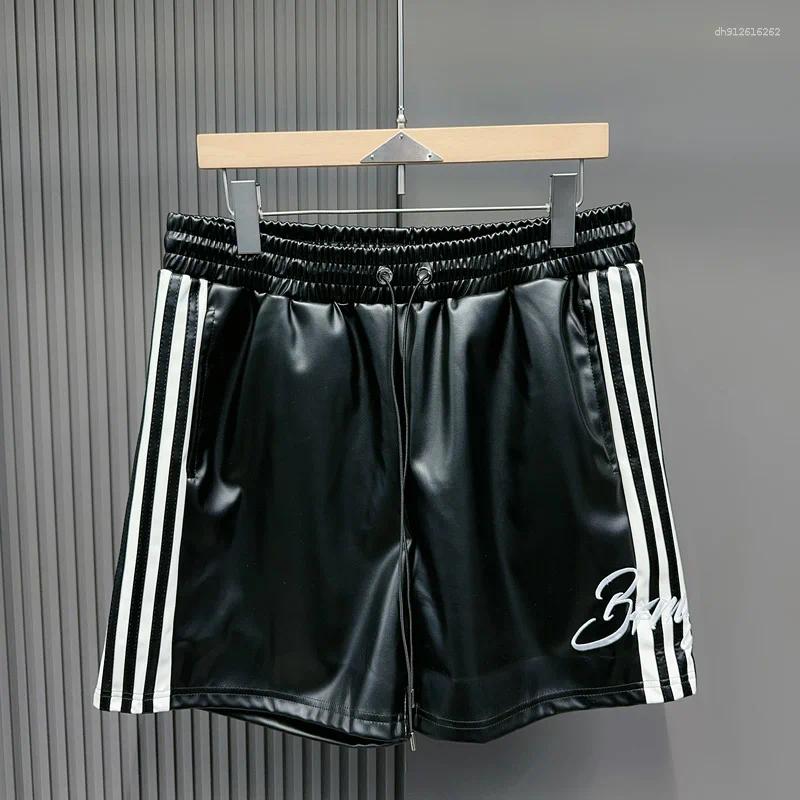 Men's Shorts Leather Black Side Bar Red White Stripe Short Pants Men Women Summer Trend Casual Drawstring Shortpant Breeches