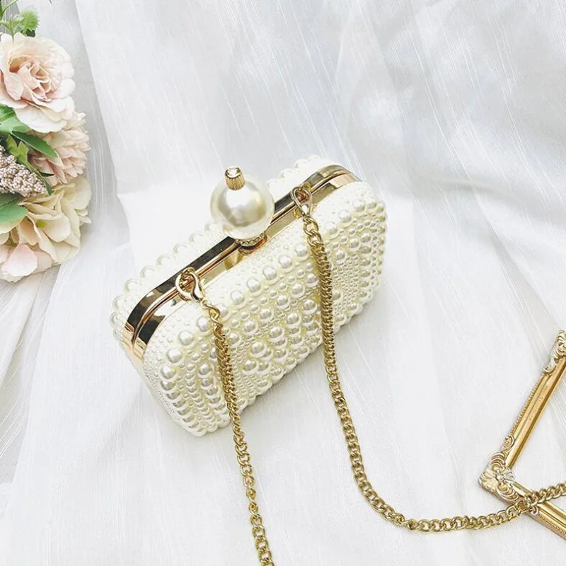 White Pearl Chain Shell Bag Genuine leather Handmade Women Square Clutch Evening Bag Size 15.5*11*5.5 250526
