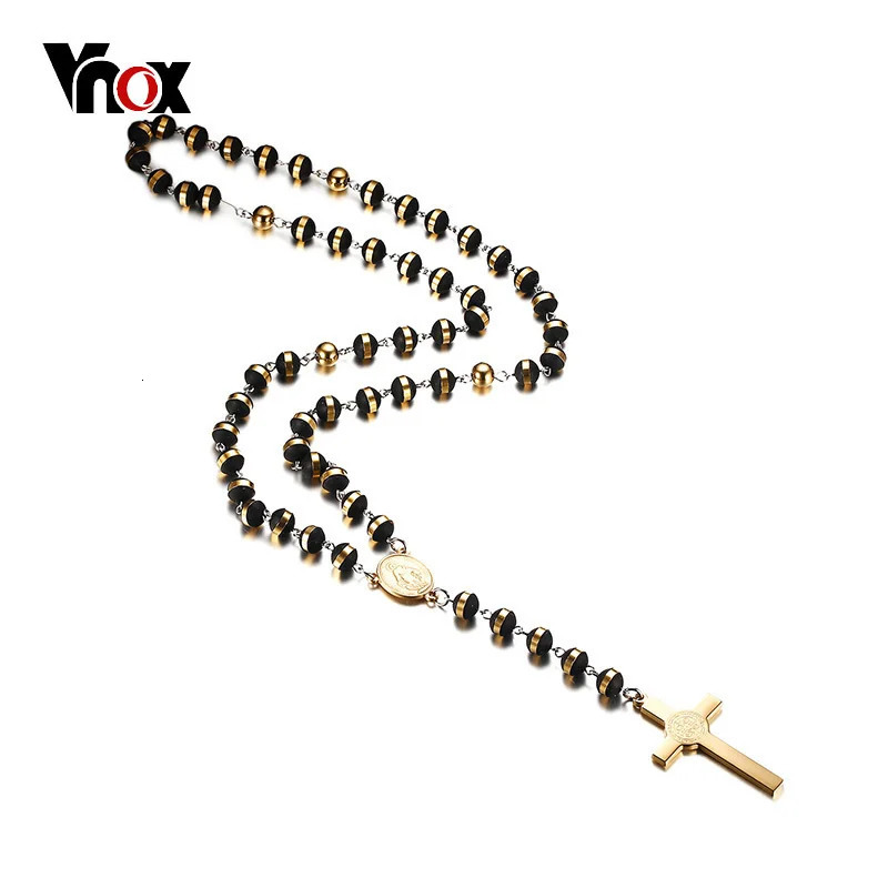 Vnox Black Gold Color Beads Long Rosary Necklace for Women Men Stainless Steel St Benedict Cross Pendant Sweater Chain Unisex 250530