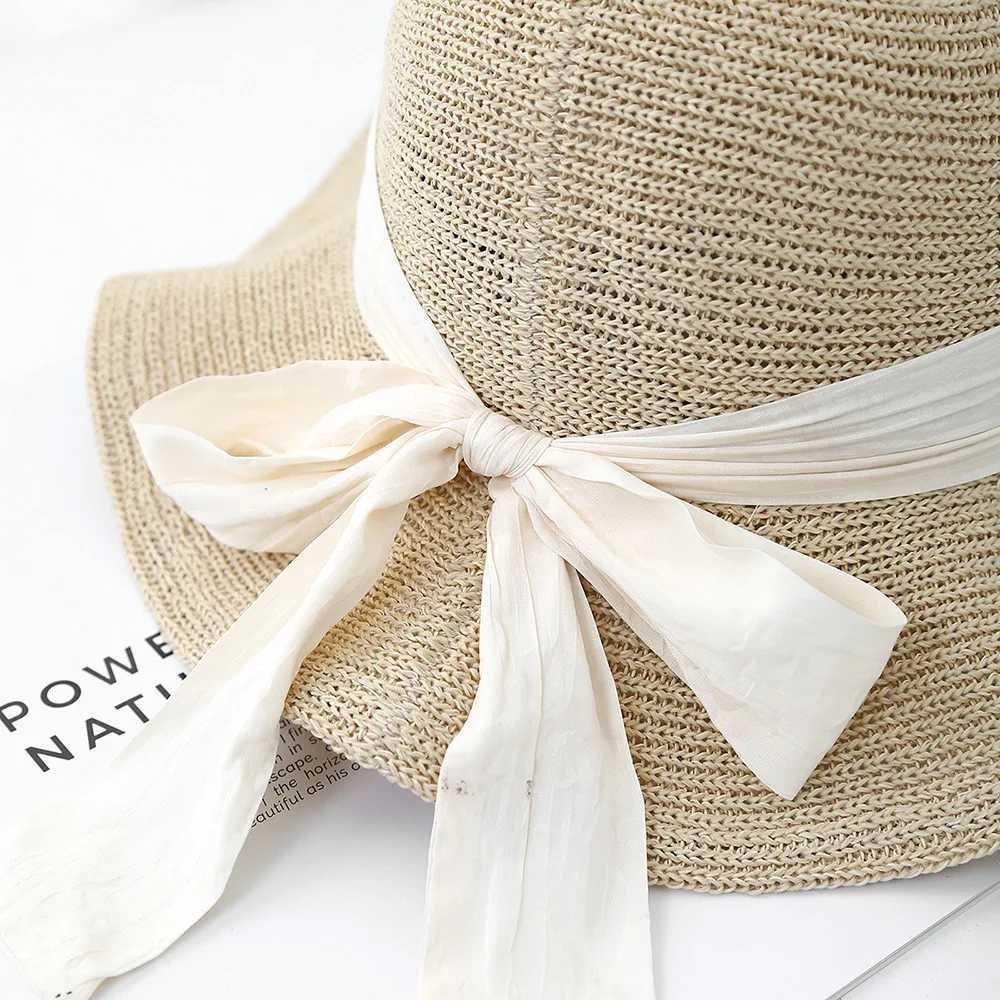 Womens Foldable Fisherman Sun Hat Breathable Sun Protection Wide Brim with Bow Ribbon Fashion Summer Beach Travel Korean Style Z250530