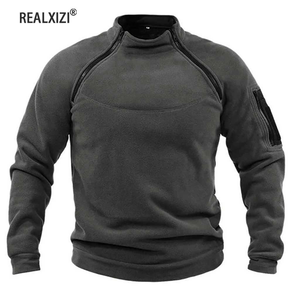 Mens Tactical Coat Stand Collar Hoodies Polar Fleece Jacket Windproof Warm Side Zippers Pullover Military Thermal Hiking Sweater W250530