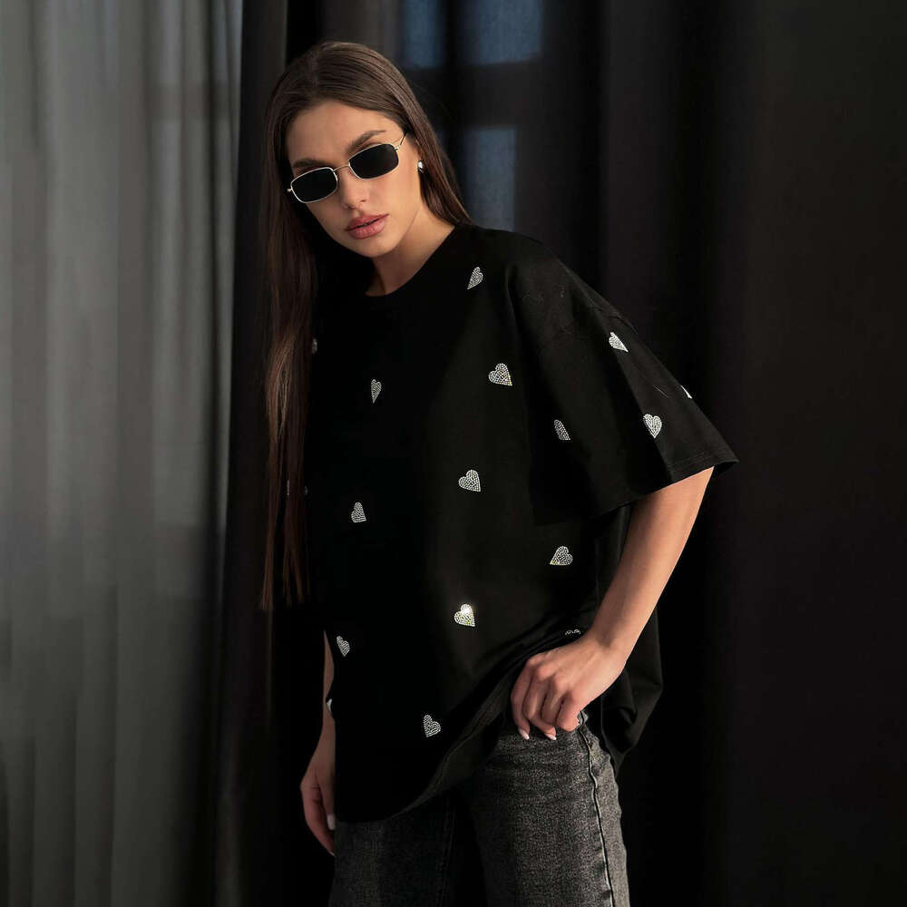 Simple Style Heart Rhinestone Round Neck Drop Shoulder Short Sleeve T-Shirt Spring Summer New Loose Top B5