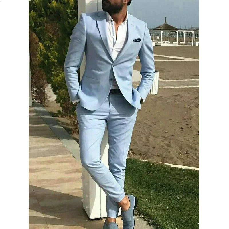 Custom Sky Blue Mens Suits Casual Summer Tuxedo Slim Fit Blazer Beach Wedding Jacket 2 Piece Set Traje Formal Para Hombre 250520A