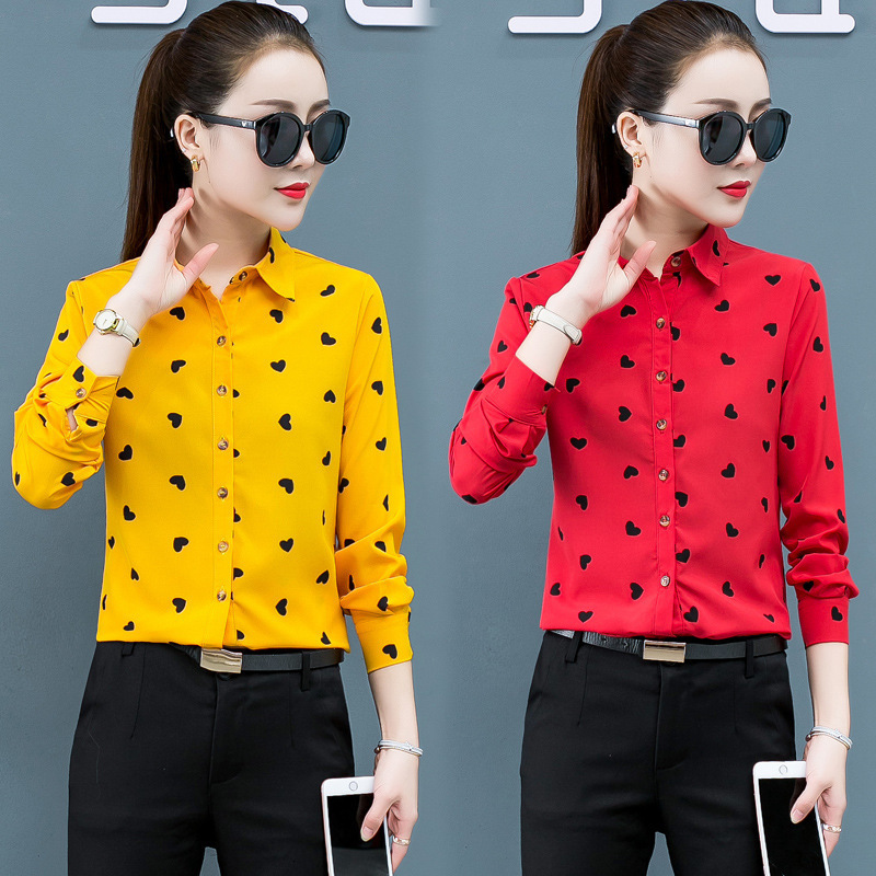 Spring and autumn new printing yellow red white shirt womens long sleeved chiffon blouse womens Korean slim 210315
