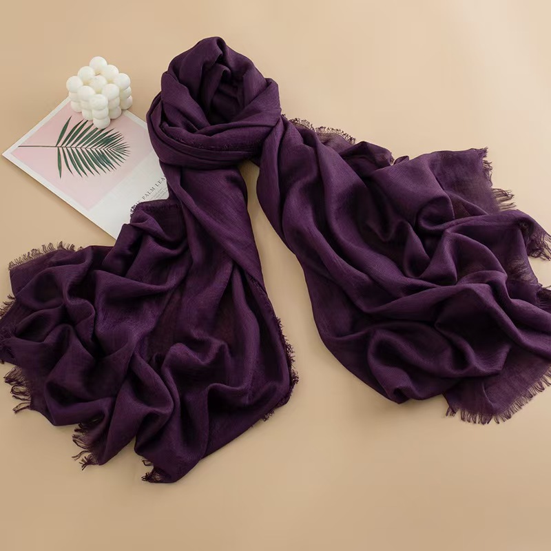 T843 solid color cotton and linen scarf for women autumn and winter thin long gauze scarf versatile sunscreen commuting simple fur edge scarf