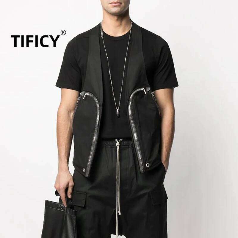 Dark RO Men's High Street Zipper Pocket Multi Functional Tactical Vest Tops Men Clothing