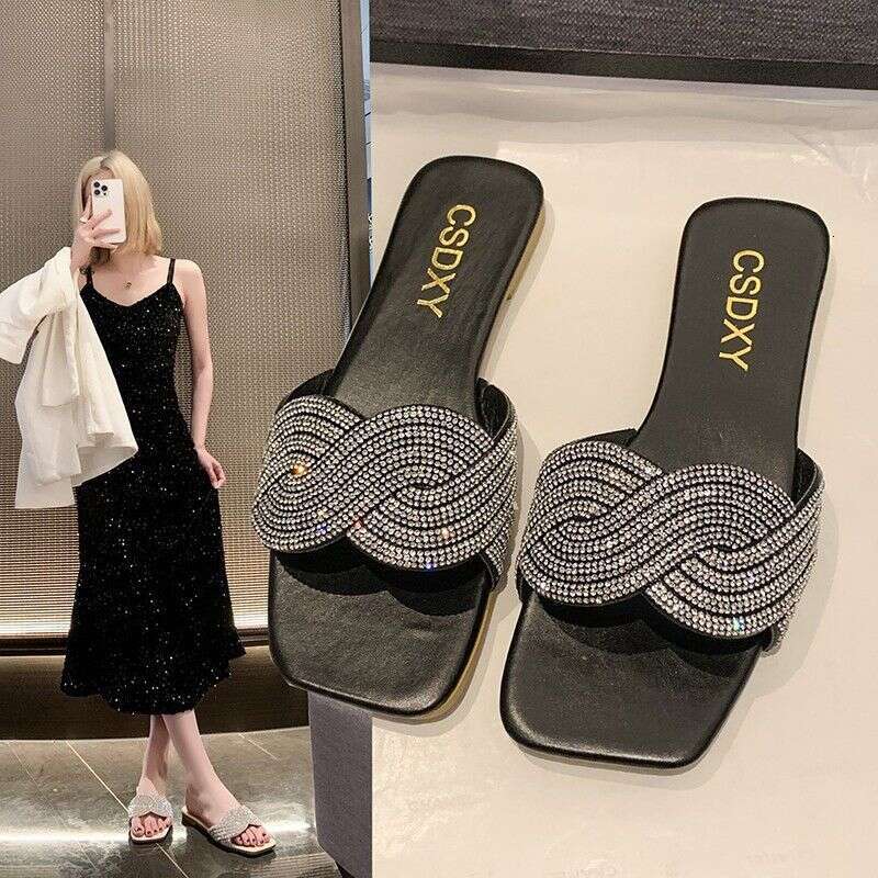 Fashionable Rhinestone Women's Shoes For Summer 2025, New Plus Size Sandals For Outdoor Wear, One Line Women's Slippers, Designer Sandals