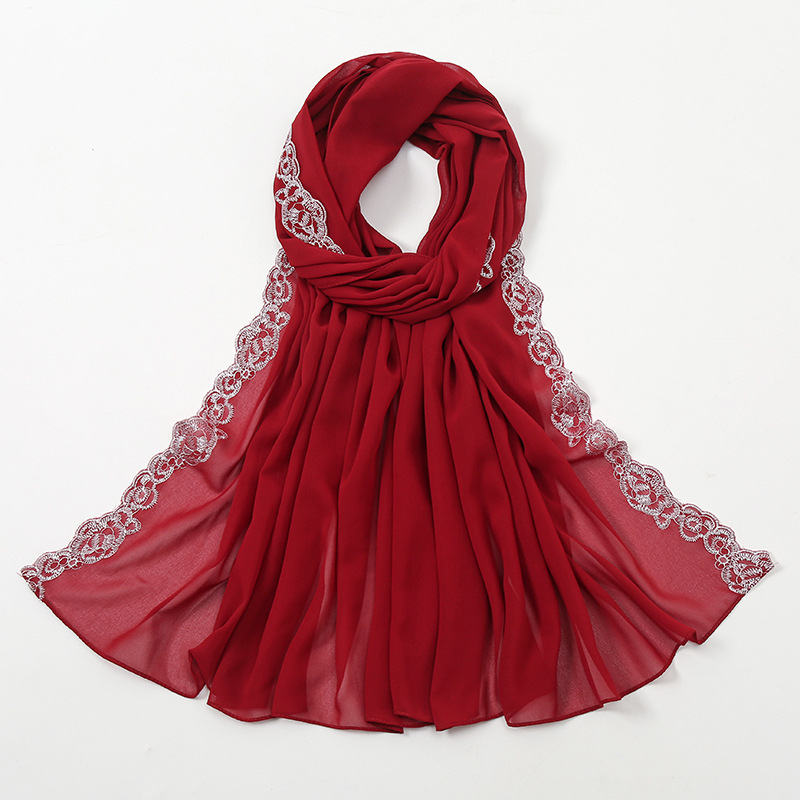 K878 New style pure color pearl chiffon fashion lace edge headscarf for women Foreign trade hot sale ethnic style simple versatile scarf