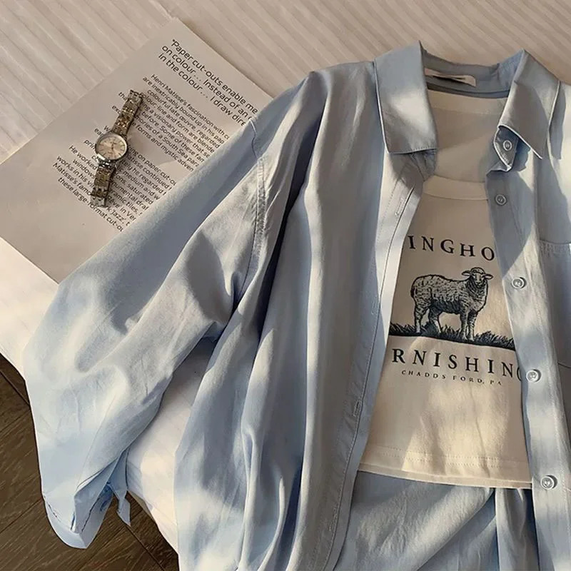 Lucyever Solid Color Long Sleeve Shirt Women Korean Fashion Loose Single-Breasted Blouses Casual Versatile Simple Lapel Blusas 250527