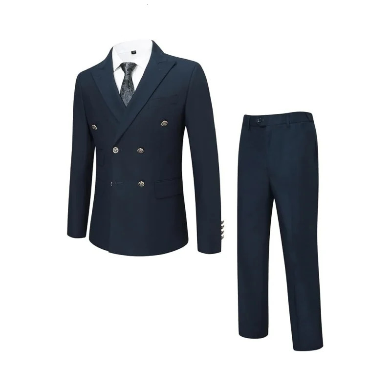 Mens Double-Breasted Suit 2-Piece Suits with Lapels Slim Fit Jacket Trousers for Wedding Business 250527