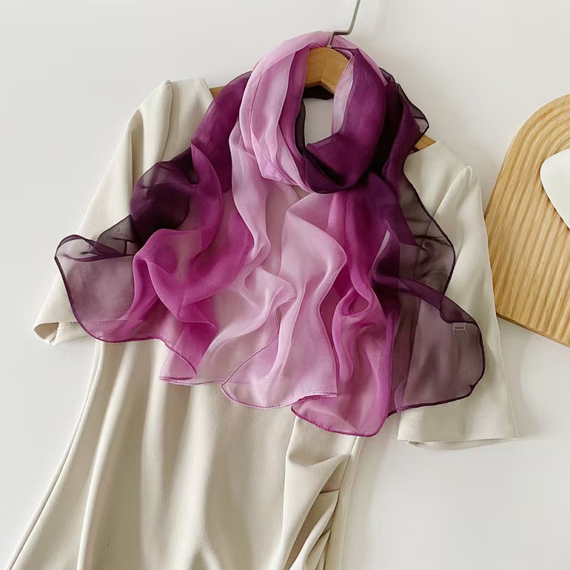 T846 Rainbow Color Silk Scarf Women's Spring New Cross-border Pearl Chiffon Shawl Female Bright Pink Gradient Color Headscarf Scarf