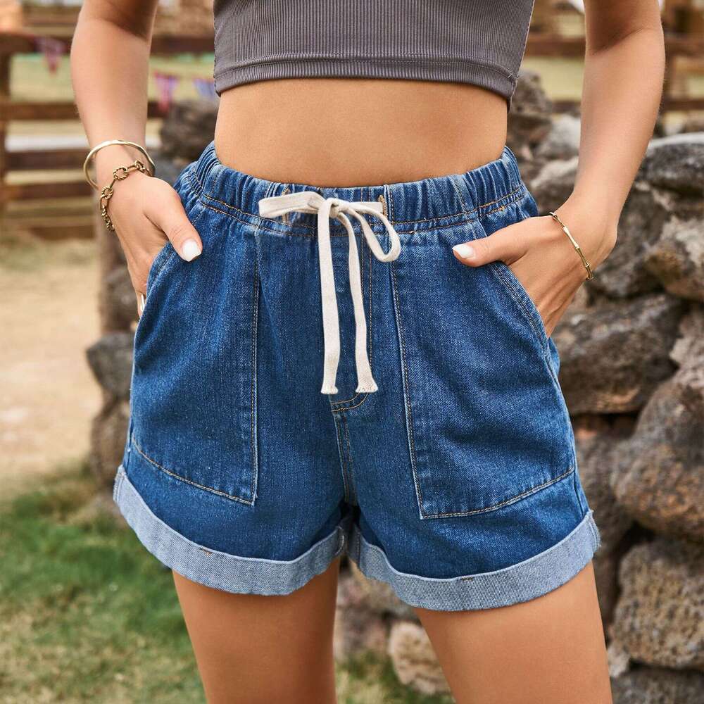 Shorts Women Denim Shorts New Style Drawstring Elastic Waist Casual Cuffed Denim Shorts For Women Jean Shorts