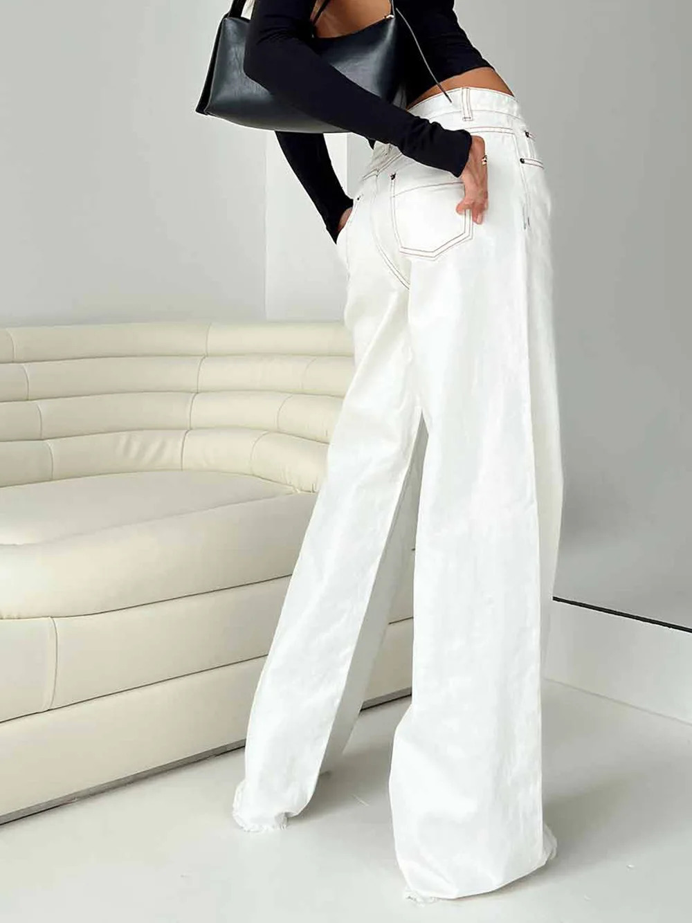 Loose Baggy Jeans Fashion Women Solid Elastic Waist Pocket Y2K Retro Denim Pants Elegant Office Lady Commute Trousers 250530