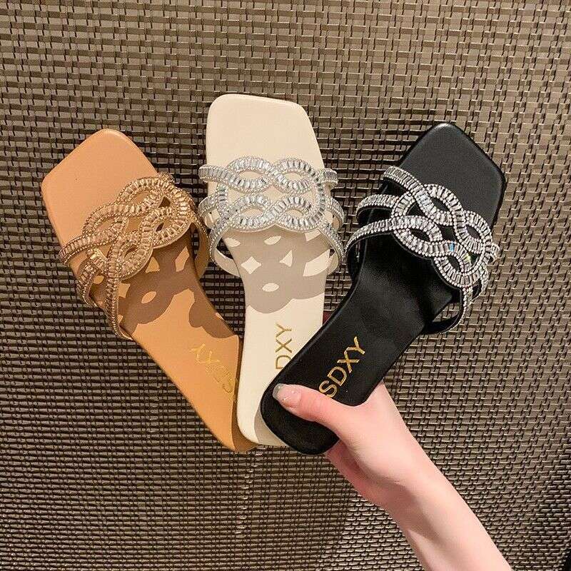 Fashionable Square Rhinestone Cross Trend Slippers For 2025, New Designer Sandals In Large Size, Casual, Wear-resistant, Casual Beach Outdoor Slippers