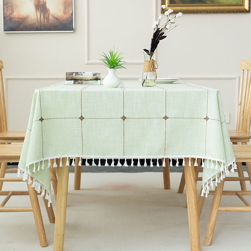 T0490 modern simple cotton and linen solid color checkered dustproof tablecloth rectangular tassel coffee table dining table hotel tablecloth table ma
