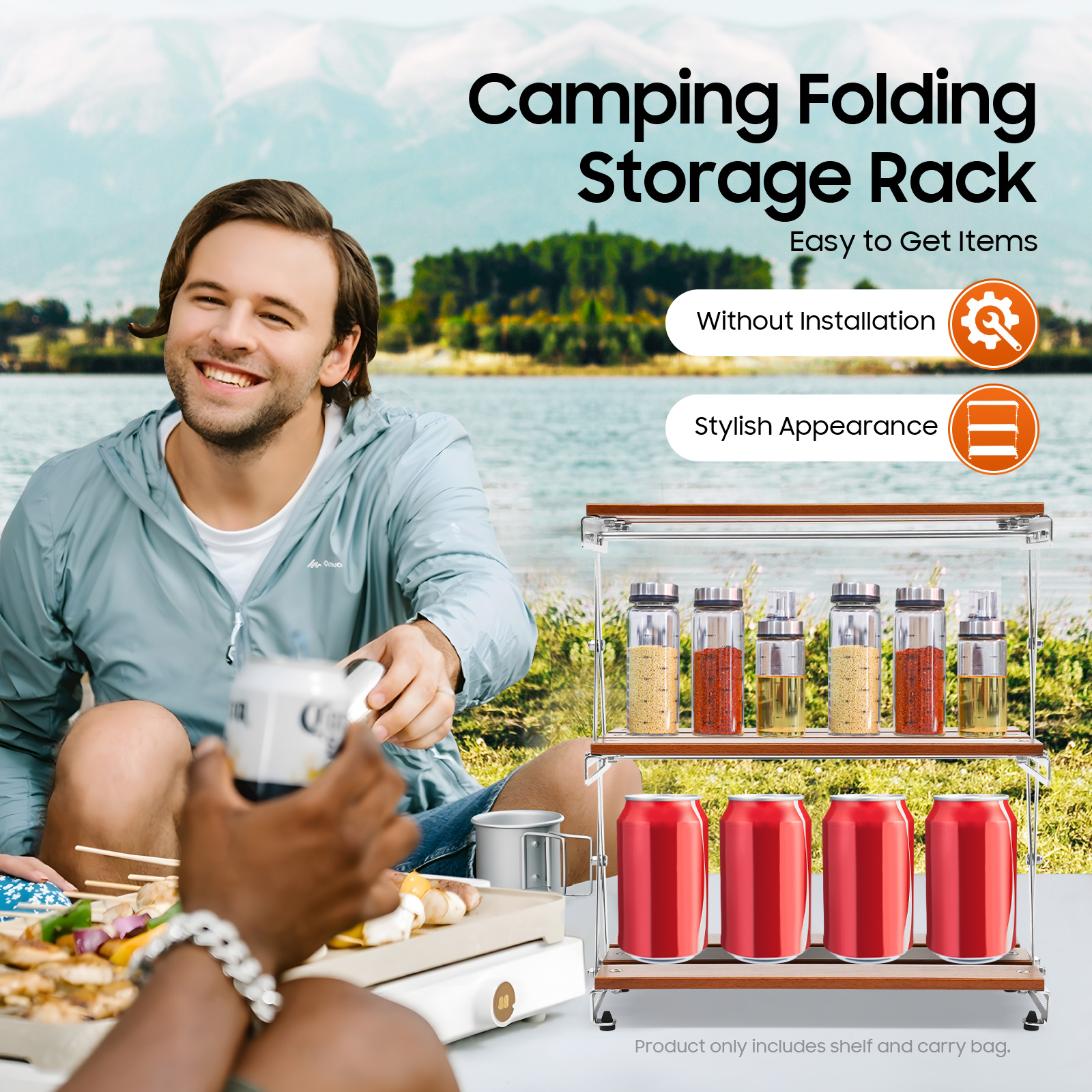 Camping Folding Storage Rack 3-Tier Natural Wood Desktop organizing Rack Multi-Function Indoor Outdoor Household Storage Shelf