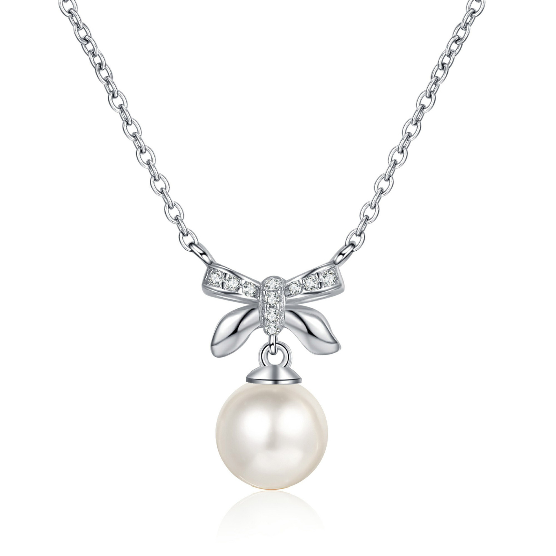 S925 Sterling Silver Moissanite Pearl Bow Pendant Clavicle Necklace Sweet Cute Girlish Minimalist Fashionable High-End Jewelry