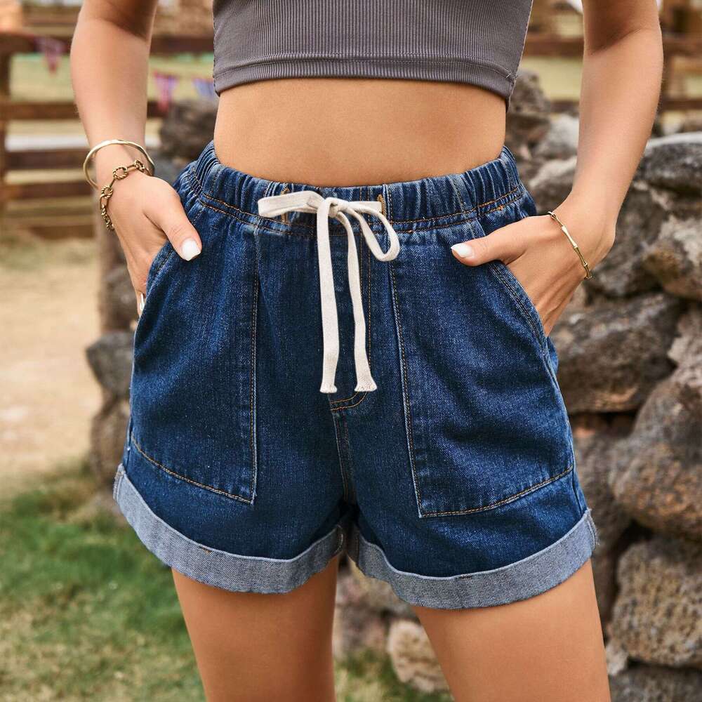 Shorts Women Denim Shorts New Style Drawstring Elastic Waist Casual Cuffed Denim Shorts For Women Jean Shorts