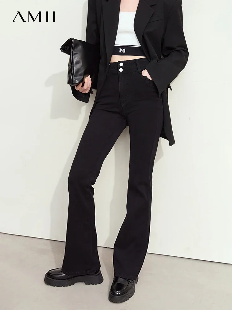 Amii Minimalism Women Denim Pants 2024 Autumn Retro Highwaist Microflare Cotton Slim Basic Trendy Trousers 12443191 250516Z