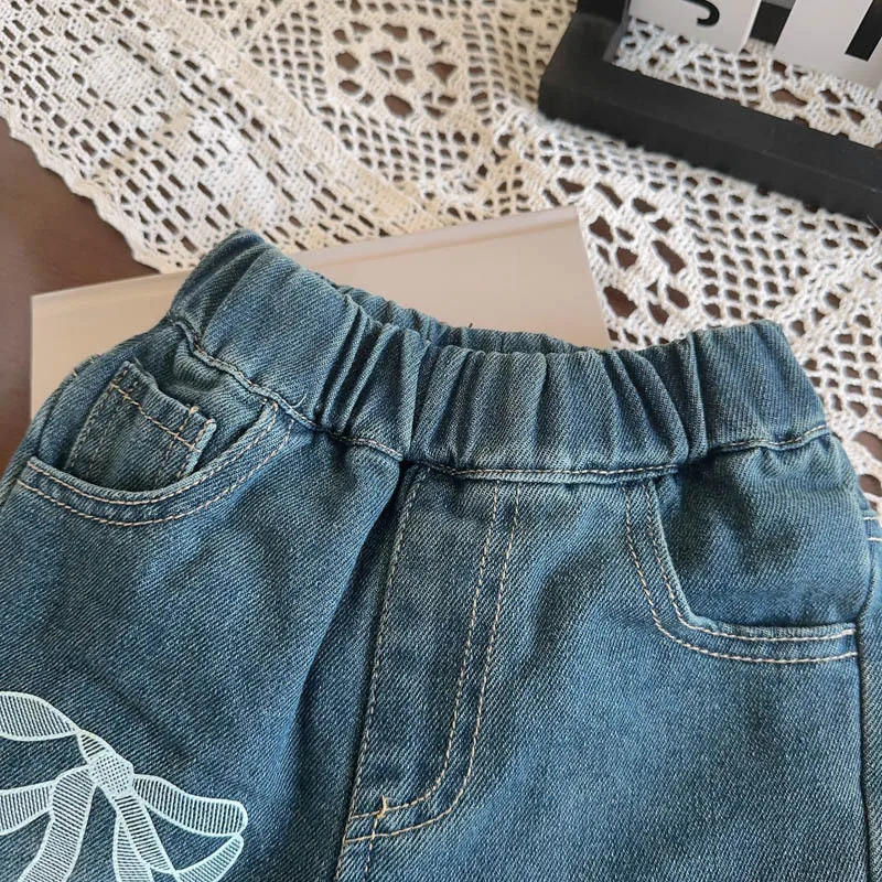 Kids Jeans Bow-printed Baggy Wide-leg Pants Jeans for Girls Boys Pants Girls Trousers Clothes for 2 To 7 Years 250527