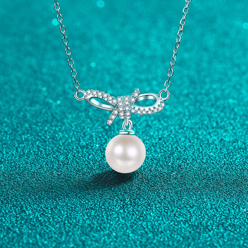 925 Sterling Silver Moissanite Pearl Bow Collarbone Necklace Minimalist Sweet Cute Girl Pendant