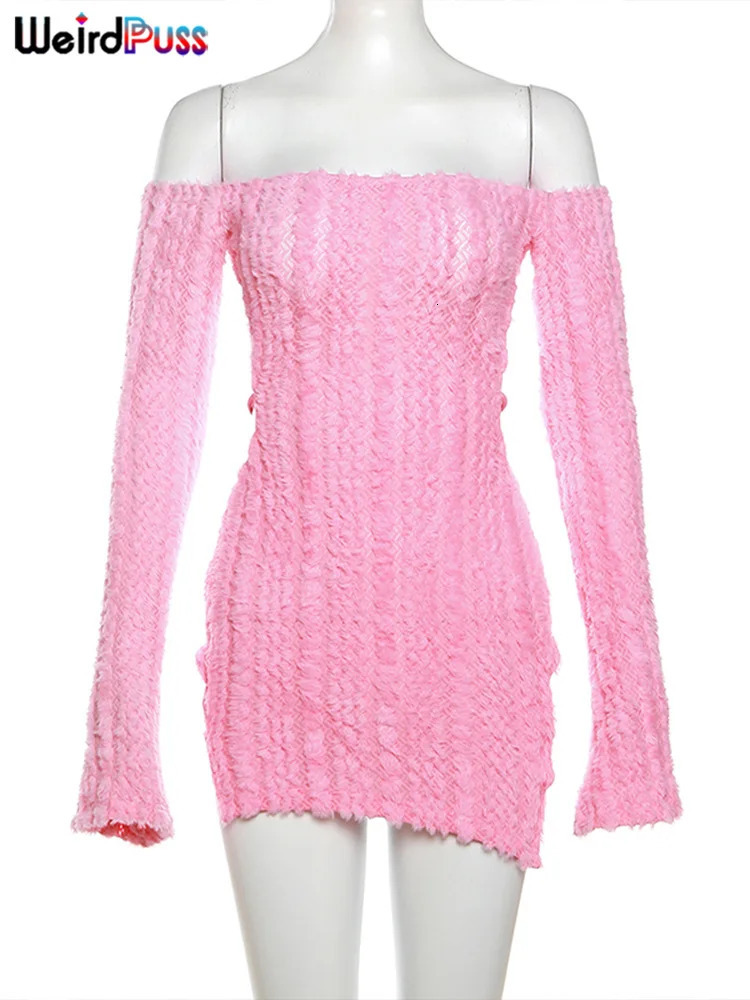 Weird Puss Slash Neck Backless Dress Women Sexy Knit Hollow Chic Trend Irregular Elegant Skinny Streetwear Midnight Side Bodycon 250530