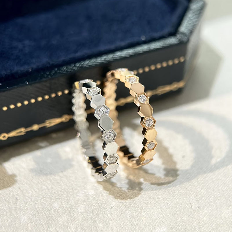 Honeycomb ring women's 18k rose gold honeycomb geometric element ring half-row drill couples wear rings