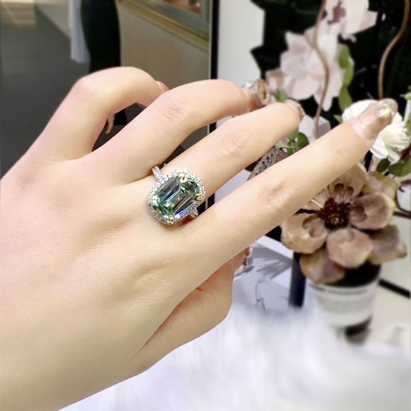10*14mm 8CT tourmaline green S925 sterling silver emerald cut high carbon diamond unique interface ring hot-sell celebrity style trendy designer preci