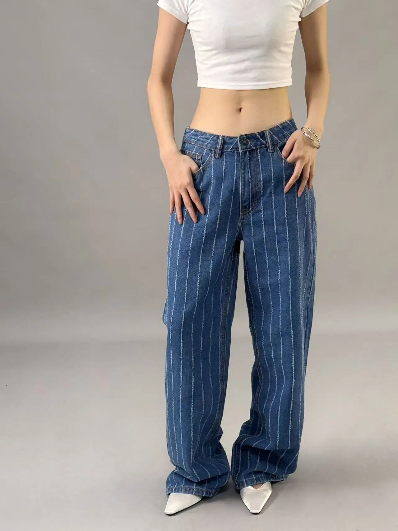 Wornout jacquard jeans for women Spring Summer style High waisted wide leg loose fit slimming effect 250530