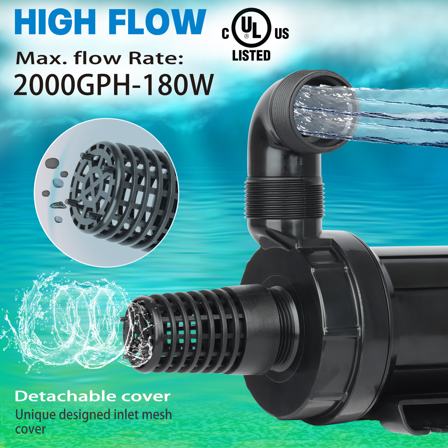 2000GPH Pond Pumps Submersible Outdoor Inline Pump Pond High Head Water Pump for Garden Waterfall Fountain Water Circulation Pump for Koi Fish Pond