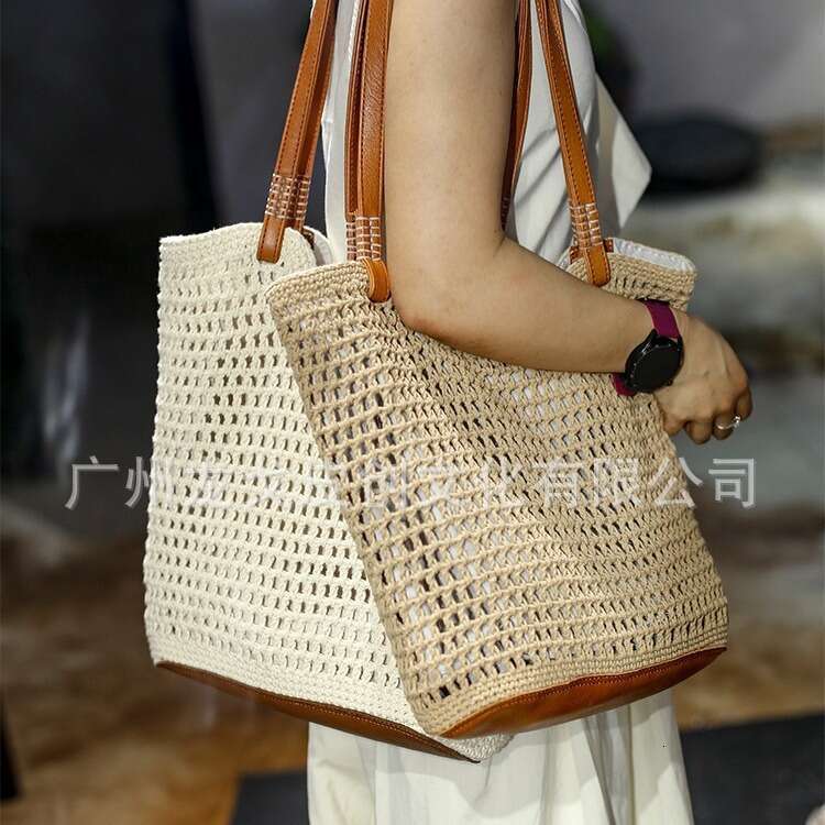 Tote Bag Leather Bag Genuine Leather Underarm Summer High Value Beach Outing Straw Woven Handmade Commuting Large Capacity Tote Bag Shopping Shoulder 