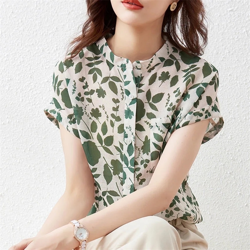 Women Summer Style Blouses Tops Lady Casual Short Sleeve Stand Collar Flower Printed Blusas Tops 250529Z