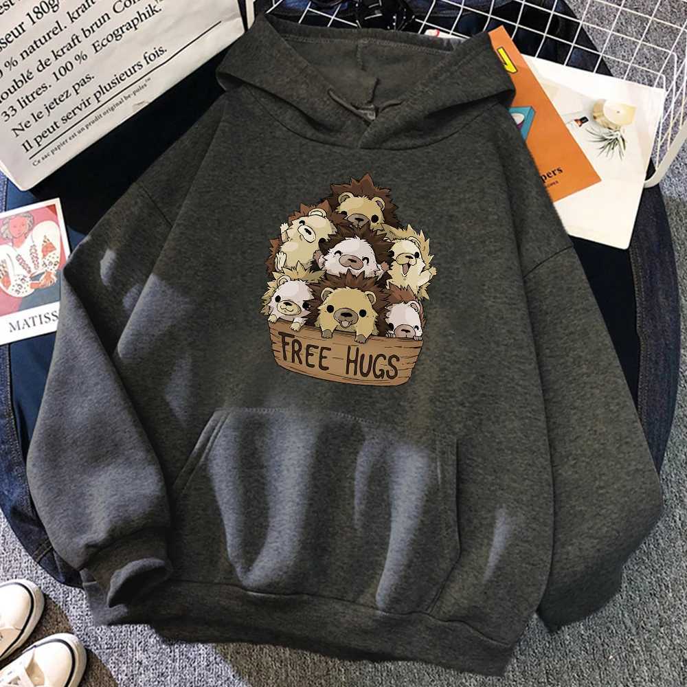 Little Hedgehog Free Hugs Sweatshirts Cartoon Print Pullovers Essentials Mens Oversized Hoodies Fleece Tracksuit Clothing Male W250530