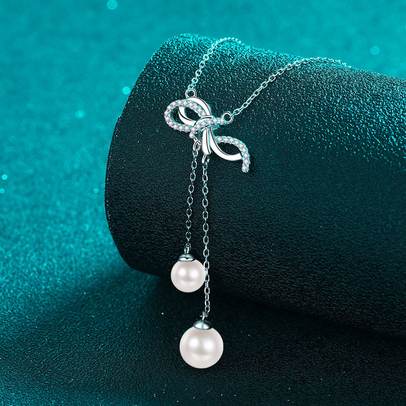 925 Sterling Silver Moissanite Bow Necklace with Natural Freshwater Pearls Tassel Pendant Elegant Minimalist Clavicle Chain
