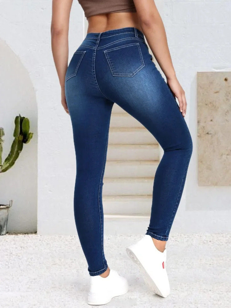 Blue fashionable cat whisker elastic tight fitting small leg jeans 250530