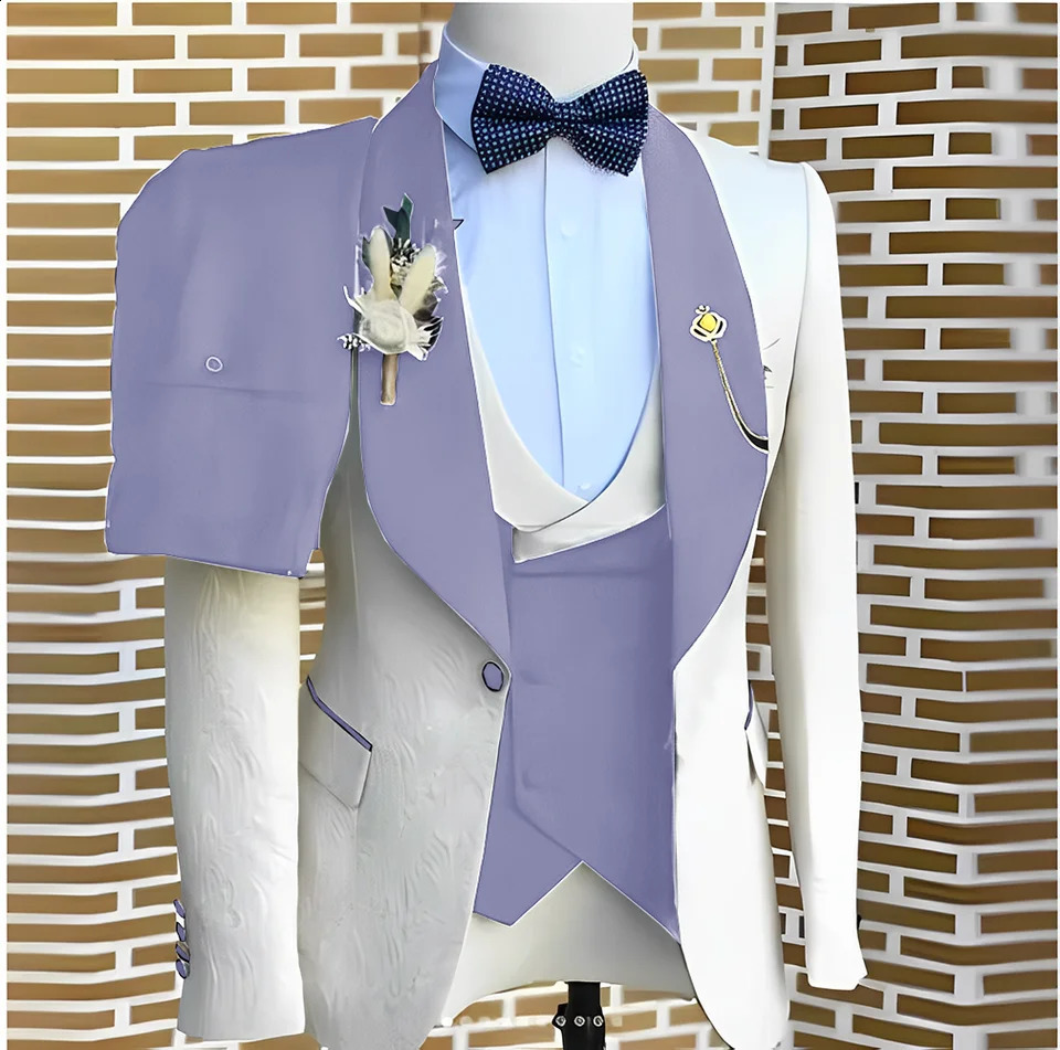 Elegant WhiteJacquard Suits Men For Wedding Formal Jacket Vest Pants 3 Pieces Groomsman Tuxedos Tailored Male Fashion Clothing 250529