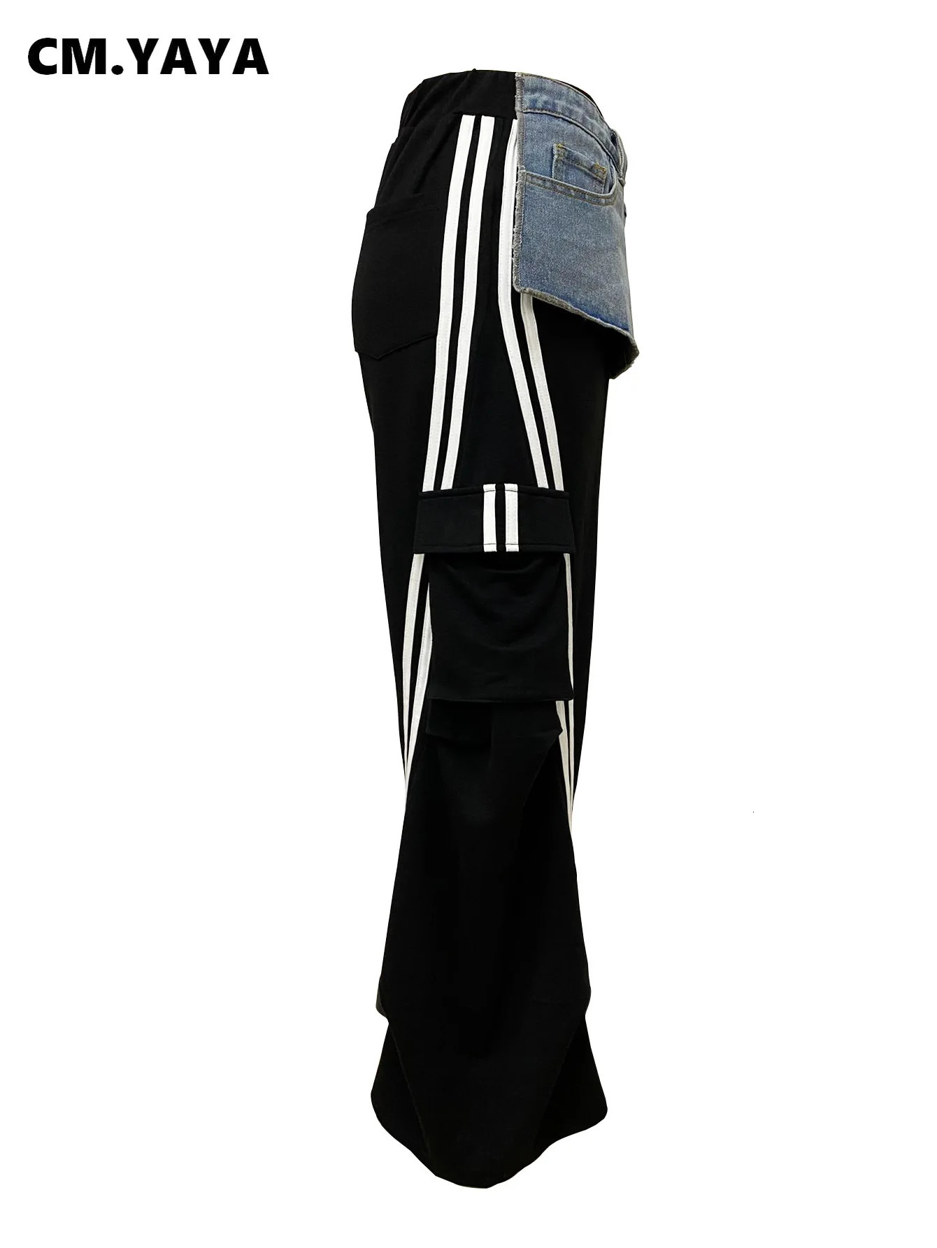 CMYAYA Fashion Women Denim Patchwork Pocket Side Wide Leg Loose Jogger Pants 2024 Active Jean Splicing Sweatpants Trousers 250530