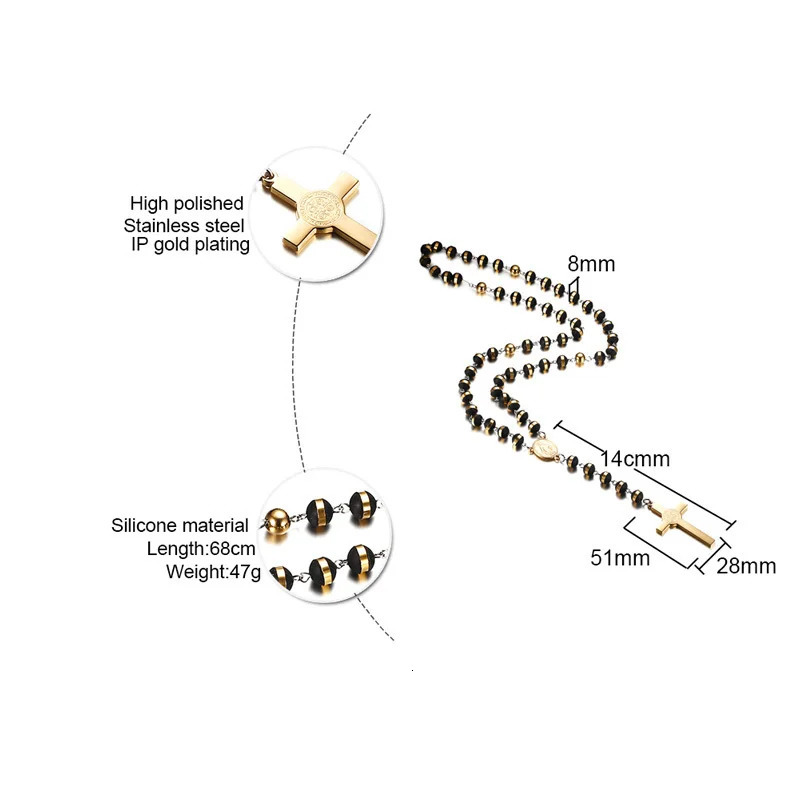 Vnox Black Gold Color Beads Long Rosary Necklace for Women Men Stainless Steel St Benedict Cross Pendant Sweater Chain Unisex 250530