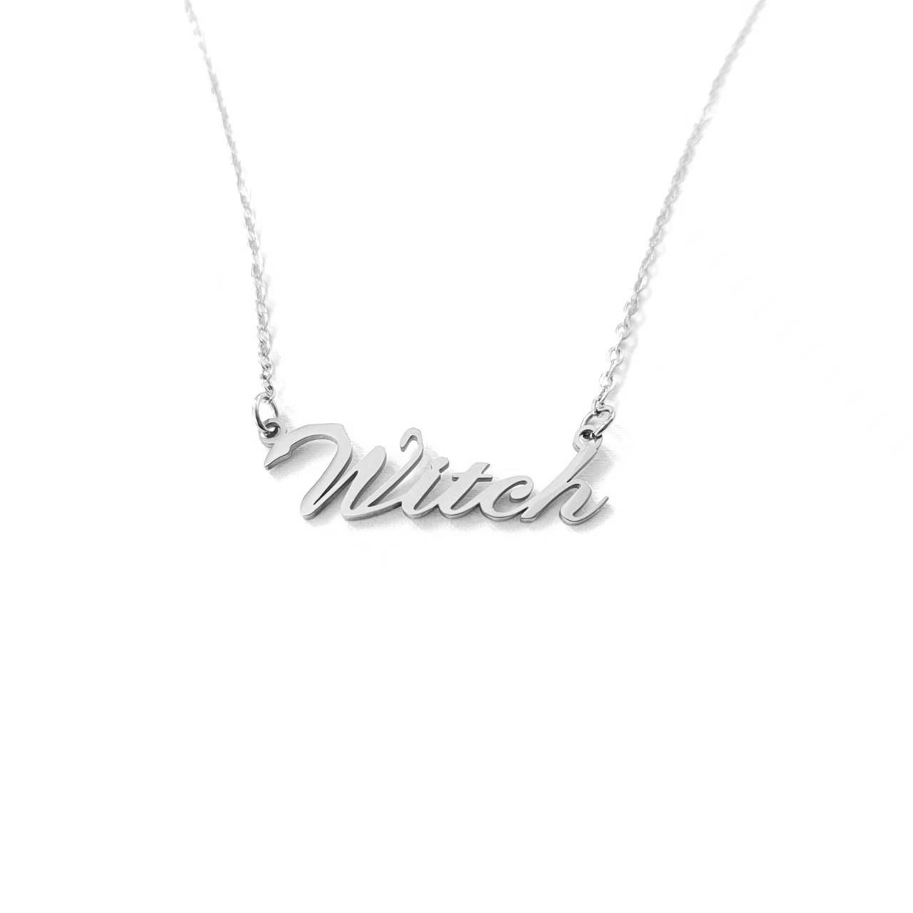 10PCS Cursive Initial Letter Witch Word Necklace Stainless Steel Halloween Magic Wicca Alphabet Text Women English Pendant Chain Choker Collar for Wom