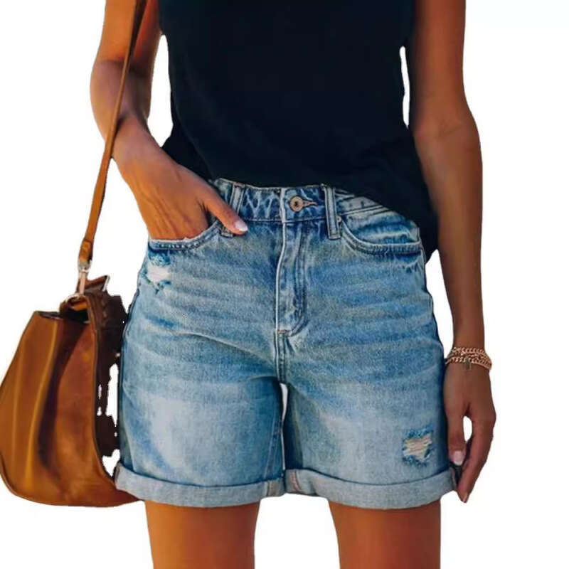 Shorts Women Denim Shorts Summer Fashion Street Style Rolled Hem Distressed Straight Leg Women Denim Shorts Jean Shorts Blue denim shorts